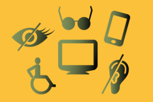 Grafik mit verschiedenen Icons zur Barrierearmtu: Auge, Brille, Ohr, Rollstuhlfahrer