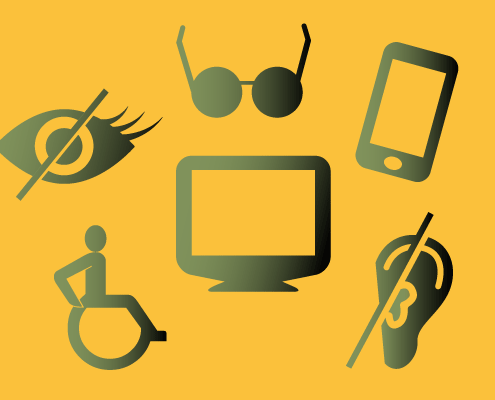 Grafik mit verschiedenen Icons zur Barrierearmtu: Auge, Brille, Ohr, Rollstuhlfahrer