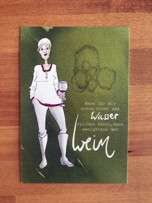 postkarte-asser-reichen Illustrationen Frau mit Wein