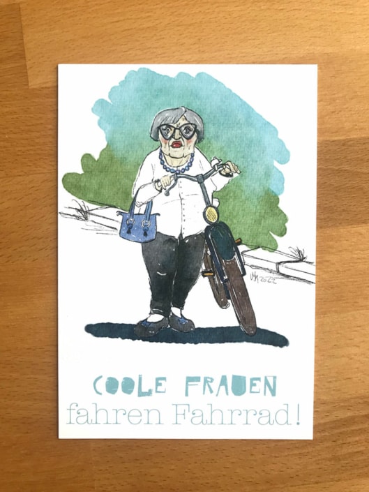 postkarte-coole-frau Coole Frauen fahre Fahrrad Postkartendesign