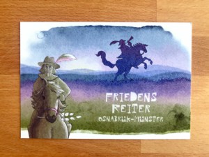 Postkarte mit illustriertem Friedensreiter