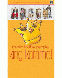 Plakat für die Band King Karamel Das Plakat zeigt die Bandmitglieder auf einem Sessel und eine gezeichnete Krone auf orangem Hintergrund